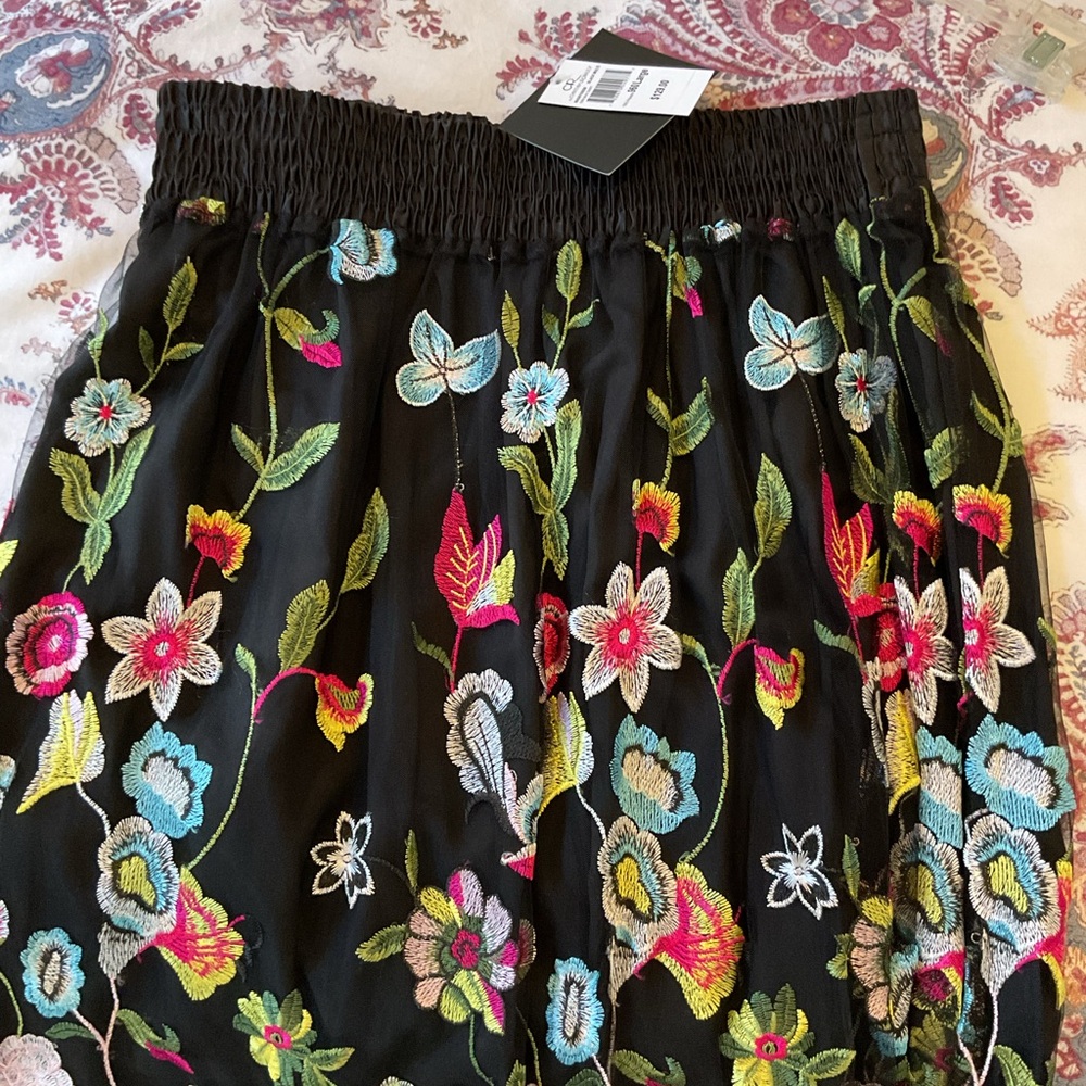 Cynthia Rowley Black Midi Skirt with Multicolor Floral Embroidery